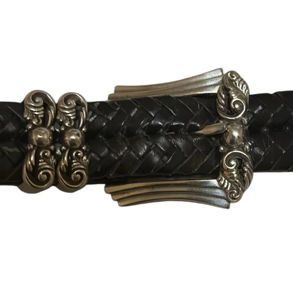 Brighton Vintage Woven Black Leather belt with metal buckle and accents, S/28